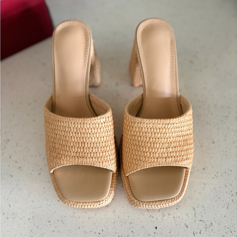 NWT Elegant Tan Woven Raffia Platform Wedge Espadrilles Sandals Heels - Picture 9 of 9